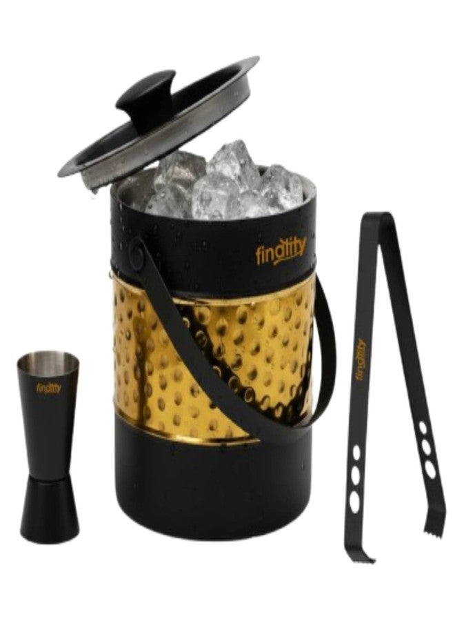 FINALITY دلو ثلج معزول مزدوج الجدران من الفولاذ المقاوم للصدأ من FINALITY مع غطاء وملقط ومقياس على شكل حرف V، سعة 1.5 لتر (أسود + ذهبي مطروق) - Image 1